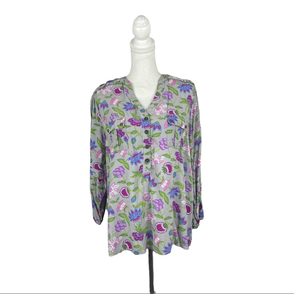Matilda Jane Thinking Out Loud Top Grey Purple Blue Grey Floral Print Henley - Picture 10 of 11